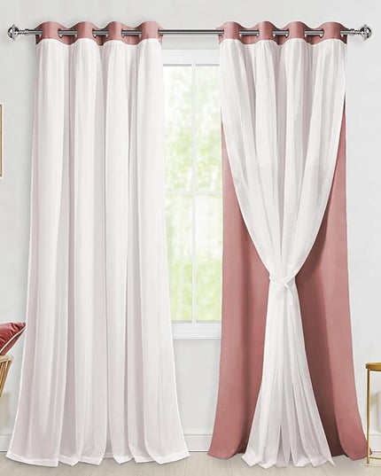 Hiasan Double Layer Blackout Curtains with Sheer Overlay, Extra Long Mix & Match Thermal Insulated Grommet Window Curtains for Bedroom, Living Room, 2 Panels with Tiebacks,Dusty Rose, 52W X 108L