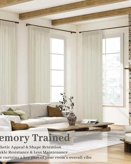 Memory Shaped Pinch Pleated Extra Long Drapes 108 Inch Natural Linen Curtains, Light Filtering Privacy Non See Through 9 ft Lush Decor Floor to Ceiling Curtain for Living Room Window with Hooks