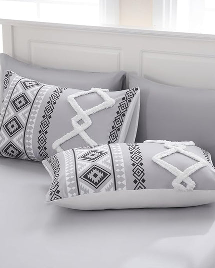 MOVE OVER Boho Tufted Comforter Set King Size 5 Pieces Farmhouse Bedding Set 100% Soft Microfiber Boho Aztec Bedroom Comforter Set Modern Style Ethnic Gray Tufted Bed Set for All Seasons