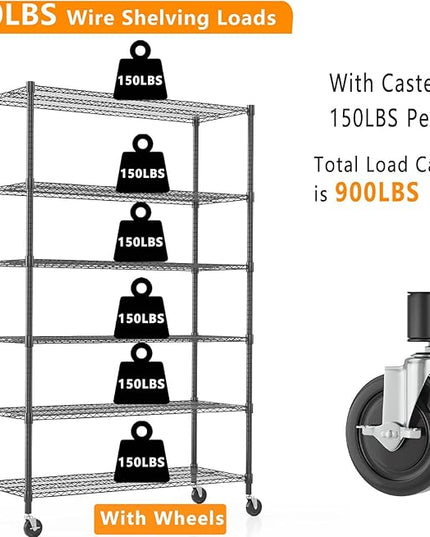 Himimi 82" H Storage Shelves 6 Tier Metal Shelving Adjustable Wire Shelf with Wheels, Heavy Duty Shelving for Garage Kitchen Pantry Bathroom Laundry,18" D*48" W*82" H, Black