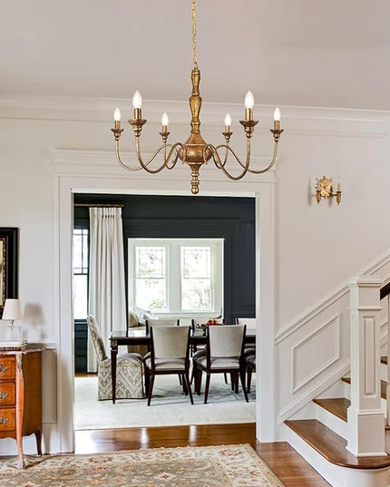 6-Light Antique Gold Chandelier for Dining Room, Farmhouse Rustic Chandelier, Adjustable Vintage Hanging Light Fixture for Bedroom, Kitchen, Living Room, Entryway, Foyer