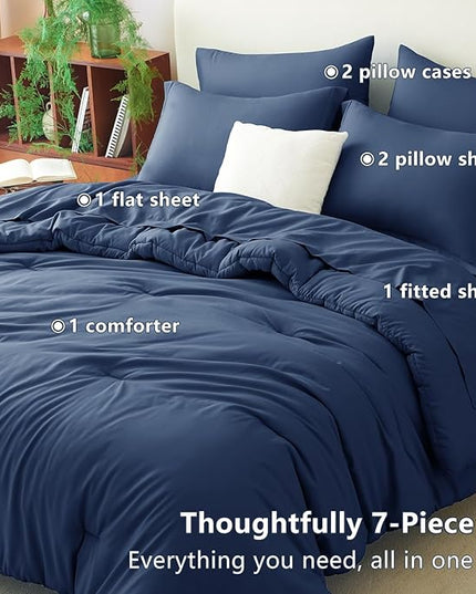 CozyLux Queen Comforter Set Navy Blue, 7 Pieces Bed in a Bag Bedding Comforter Set with Sheets, All Season Boho 7PC Bed Sets with Comforter, Fitted Sheets, Flat Sheets, Pillow Shams and Pillowcases