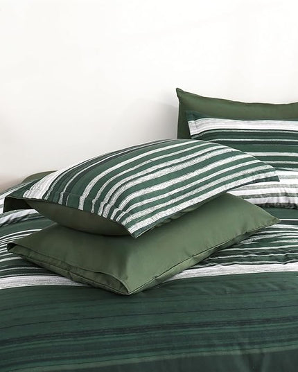 KAKIJUMN 7 Piece Bed in a Bag Stripe Comforter Set King Size, White Grey Green Patchwork Striped Comforter and Sheet Set, All Season Soft Microfiber Complete Bedding Sets(Dark Green,King)