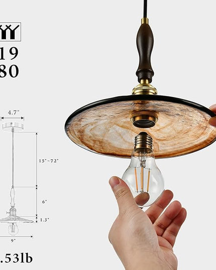 Modern Amber Glass Pendant Light, 9"x7.3" Wide Disc-Shaped Hanging Fixture with Wood & Brass Detail, 15"-72" Adjustable Line, E26 Socket – Golden Amber Disc