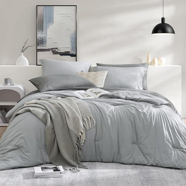 WRENSONGE Full Size Comforter Sets- 7 Pieces Soft Light Grey Bed in a Bag with Fitted Sheet, Flat Sheet, 2 Pillow Shams, 2 Pillowcases, Warm Bedding Sets for All Season