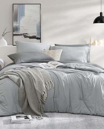 WRENSONGE Queen Comforter Set- 7 Pieces Soft Light Grey Bed in a Bag Queen with Fitted Sheet, Flat Sheet, 2 Pillow Shams, and 2 Pillowcases- Warm Bed Set for All Season
