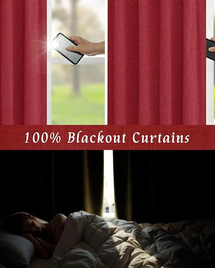 LAMIT Linen 100% Blackout Window Curtains for Bedroom, 45 Inches Linen Textured Thermal Christmas Decor Curtains Back Tab and Rod Pocket Window Panels with White Liner, 2 Panels, 38 x 45 Inch, Red