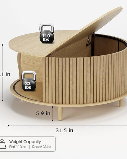 Round Coffee Table with Storage, 31.5" Mid Century Modern Coffee Table with Sliding Door & Solid Wood Legs, Minimalist Fluted Center Table for Living Room, Home Small Space, Oak