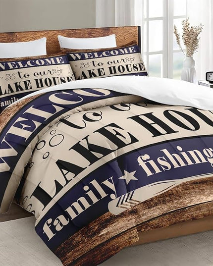 Twin Size Comforter Set with Pillowcase, Welcome Lake House 2 Pcs Bedding for Kids and Adults, Woodboard Family Fishing Cabin Soft Comforter Set for Bedroom Bed Decor