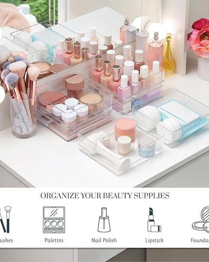 STORi SimpleSort 6-Piece Stackable Clear Drawer Organizer Set | 6" x 6" x 2" Square Trays | Small Makeup Vanity Storage Bins and Office Desk Drawer Dividers | Made in USA