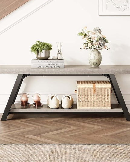 LVB Industrial Entryway Bench, Wood and Metal Storage Bench, Indoor Farmhouse Hallway Accent Entry Bench for Seating Sitting, Shoe Rack Organizer Cabinet in Foyer Bedroom, Light Grey Oak, 47 Inch Long