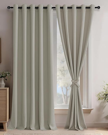 JIUZHEN Silver Grey Blackout Curtains with Tiebacks Thermal Insulated, Light Blocking and Noise Reducing Grommet Curtains for and Living Room, Set of 2 Window Curtain Panels, 60 x 96 Inch Length