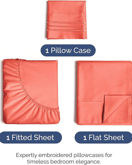 Twin XL Size 3 Piece Sheet Set - Comfy Breathable & Cooling Bed Sheets Set - Hotel Luxury Bedding for Women, Men, Kids, Teens, Boys & Girls - Deep Pockets, Ultra-Soft, Wrinkle Free - Oeko-Tex - Coral