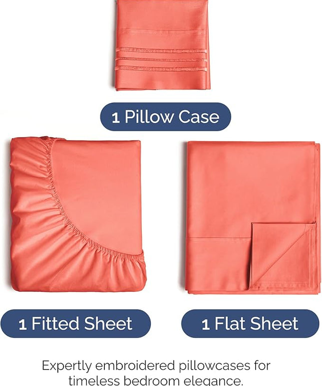 Twin XL Size 3 Piece Sheet Set - Comfy Breathable & Cooling Bed Sheets Set - Hotel Luxury Bedding for Women, Men, Kids, Teens, Boys & Girls - Deep Pockets, Ultra-Soft, Wrinkle Free - Oeko-Tex - Coral