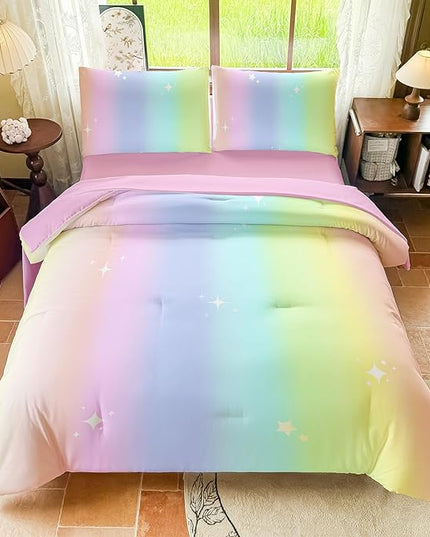 Rainbow Bedding Set Full Size – 5 Piece Reversible Girls Comforter with Deep-Pocket Sheet, Gradient Galaxy Design, Whole-Piece Filling, Machine Washable Bed-in-a-Bag for Kids Room Makeover & Gifts