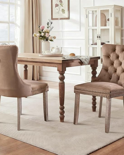 SoarFlash Velvet Dining Chairs Set of 4, Tall Back Side Chair, Modern Upholstered High-end Tufted Side Chair with Button Back Ring, Solid Wood Legs (Khaki)