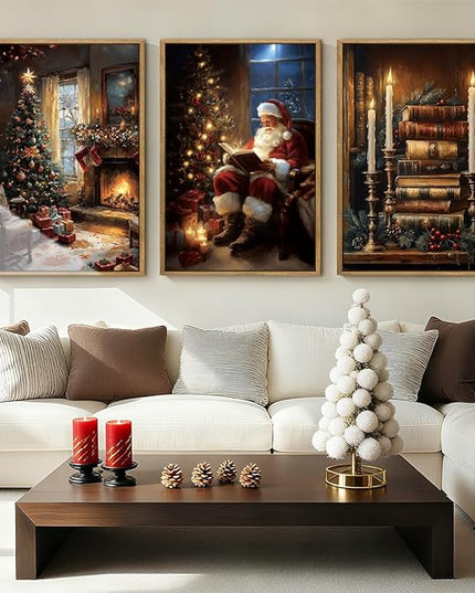 Christmas Wall Art 16x24 Inches Vintage Santa Claus Paintings Framed Christmas Winter Holiday Artwork Set of 3 for Living Room Bedroom