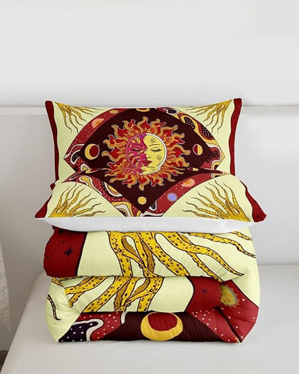 Sun Moon Kids Comforter Set King Size,Starry Sky Galaxy Psychedelic Bedding Set,Boys Girls Adults Room Decor,Bohemia Exotic Geometric Creative Down Comforter,Red Retro Duvet Insert,2 Pillowcases