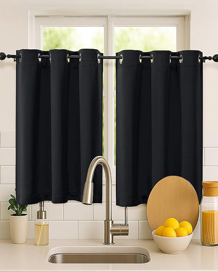 Simplebrand Halloween Black Short Cafe Curtains 36 Inch Length 2 Panels Set, Half Window Grommet Privacy Drape Tiers for Kitchen, Thermal Insulated Curtains Blackout for Bathroom Shades, W40 x L36