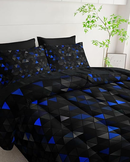 Geometric Blue Black Triangle King Size Comforter Set,Light Honeycomb Bedding Set 7 Piece in A Bag,Bed Sheet Set Geometry Decor,Microfiber Lightweight All Season