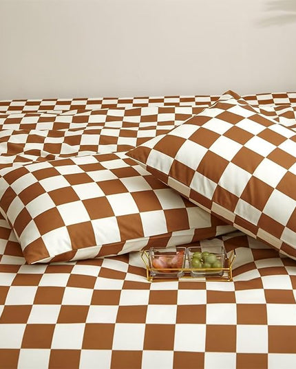 Houseri Brown and White Plaid Comforter Set Full Caramel Brown Grid Bedding Comforter Full Size Teen Boys Checkerboard Comforters Sets Girls Elegant Buffalo Checkered Gingham Full Comforter Comfy Soft