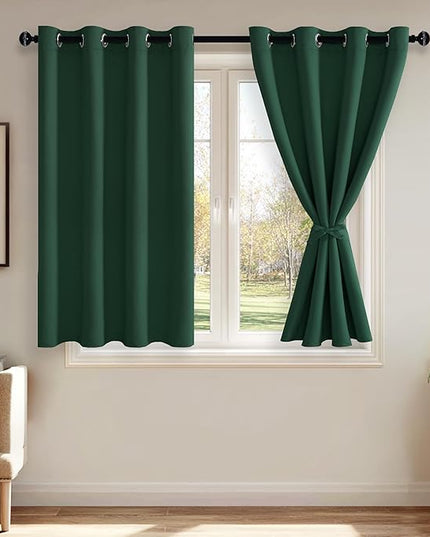 JIUZHEN Forest Green Blackout Curtains with Tiebacks, Light Blocking and Noise Reducing Grommet Curtains for Bedroom and Living Room, Set of 2 Window Curtain Panels, 52 x 45 Inch Length