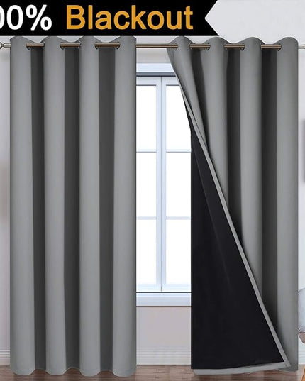 Yakamok 100% Blackout Curtains 96 Inches Long, Total Blackout Lined Curtain Panels for Bedroom, 2 Thick Layers Grommet Top Thermal Insulated Blackout Drapes for Living Room(52Wx96L, Grey, 2 Panels)