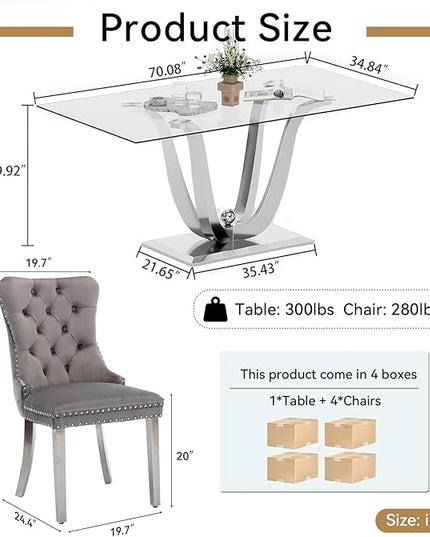 HomVent 70'' Glass Dining Table Set for 4, Modern Rectangle Glass Kitchen Table Set for 4, Kitchen Table and Chairs Set for 4 for Living Room,Kitchen