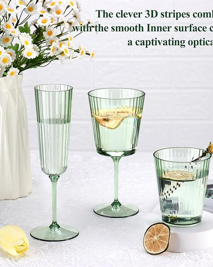24 PCS Green Plastic Wine Glasses with Removable Stems 13.5 Oz Ribbed Wine Glasses Square White Wine Glass Muted Pastel Colors Goblets Elegant Fluted Glassware for Wedding Anniversary Birthday