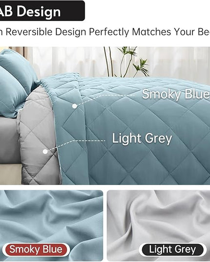 MUXHOMO 7 Pieces King Comforter Set, Reversible Bed in a Bag King Size, All Season Bedding Set with Comforter, Flat Sheet, Fitted Sheet, Pillowcases & Shams, Greyish Blue & Light Grey