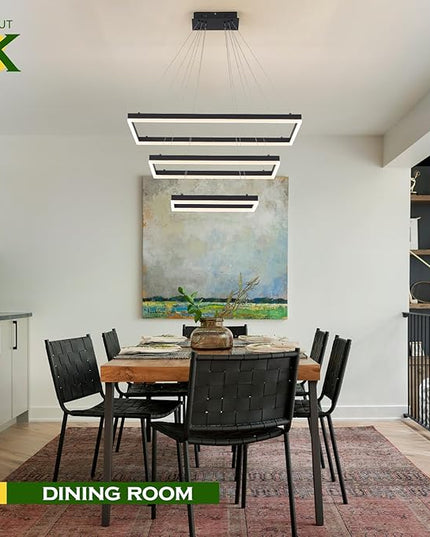 3 Rings Modern LED Chandelier Black 31.5inch Rectangle Dimmable LED Pendant Light with Remote Control 3 Tier Flush Mount High Ceiling Light for Dining Living Room Foyer(3000K-6500K, H71)