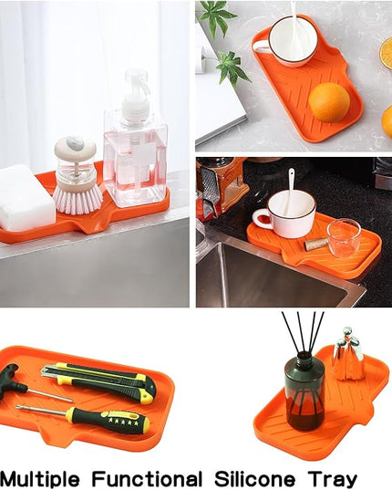 Silicone Bathroom Soap Dishes with Drain Spout-Bathroom and Kitchen Sink Organizer,Sponge Holder,Dish Soap Tray,Perfect for Dispenser,Scrubber,Bottle,Cup on Sink or Counter-Orange 9.6"×5.3"