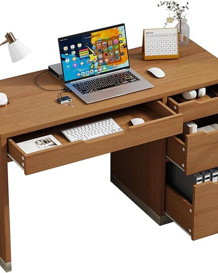 52 Inch Desk with 4 Drawers, Small Computer Desk for Small Space, Home Office Desk with Storage File Cabinet for Bedroom, Brown