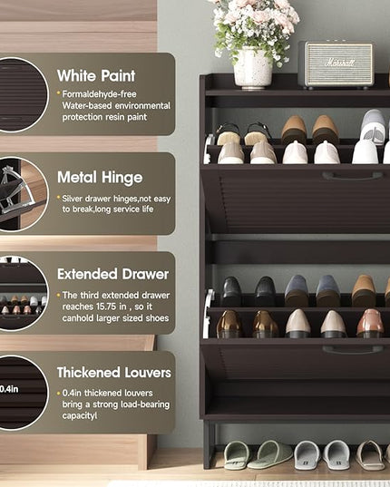 Maupvit Shoe Storage Cabinet with 2 Flip Louvered Doors, Freestanding Organizer with Metal Legs, Shoe Cabinet for Entryway, Narrow Shoe Rack Cabinet, Espresso Color