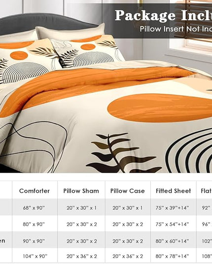 Comforter Set Full Size, Boho Orange Mid Century 7 Pcs Bedding for Kids and Adults, Geometric Bed Sheet Sets with Fitted Sheet 2 Pillowcases & 2 Shams for Bedroom Bed Decor