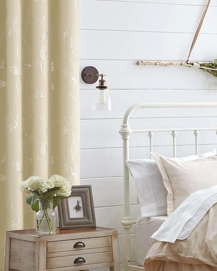 BUHUA Christmas Beige Blackout Curtains 84 Inches Long, Darkening Curtains for Bedroom Window Curtain Panels with Leaf Pattern (52 x 84 Inch,Beige,2 Panels)