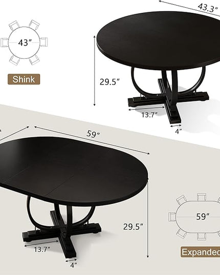 59" Round Extendable Dining Table for 4-6, Modern Oval Kitchen Table with Heavy Duty Curved Legs & Wood X-Based, MDF Board with Spring Buckle, Space Saving, Dining Kitchen Living Room, Black