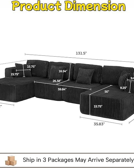 132" U Shaped Boneless Couch, Cloud Sectional Modular Sofa with Double Chaise Lounge, Corduroy Cloud Couch with Pillows & Deep Seat, Boneless Sofa for Living Room, Black