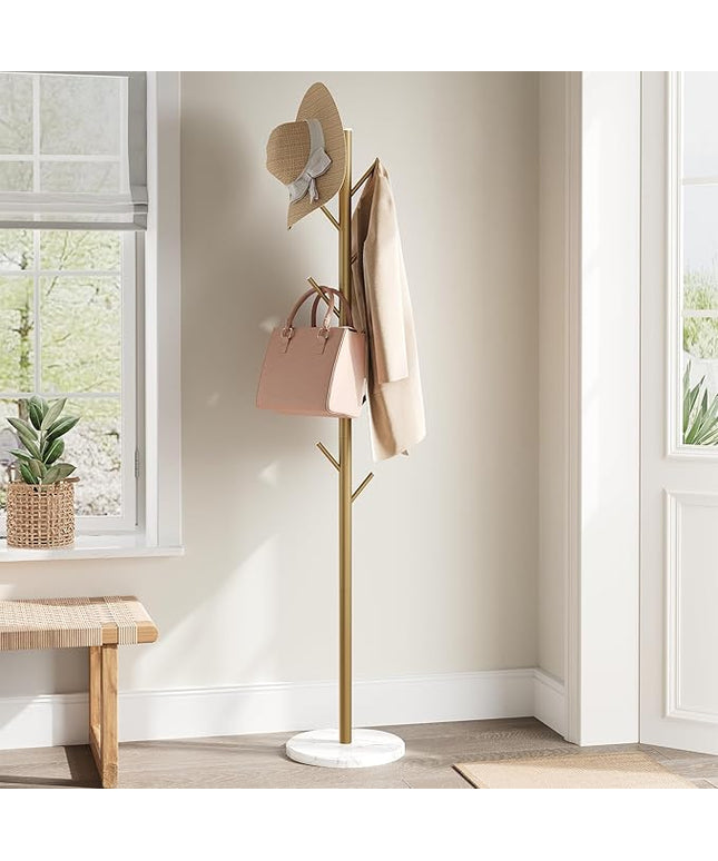 ELYKEN Coat Rack Freestanding with Natural Marble Base, Metal Coat Rack Stand with 10 Hooks, 3 Adjustable Size Coat Tree for Bags, Clothes, and Hats for Entryway, Bedroom, Hallway, Office, Gold