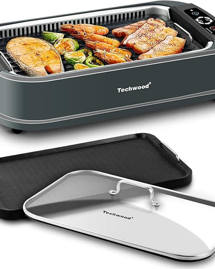 Techwood Indoor Grill Smokeless Grill, 1500W Indoor Korean BBQ Electric Tabletop Grill with Tempered Glass Lid, Removable Grill and Griddle Plates with Drip Tray, Gray