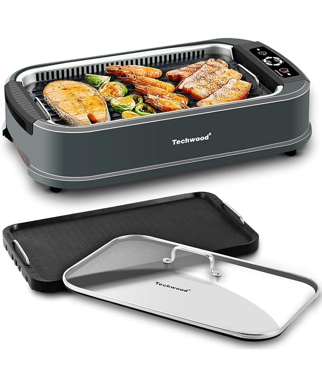 Techwood Indoor Grill Smokeless Grill, 1500W Indoor Korean BBQ Electric Tabletop Grill with Tempered Glass Lid, Removable Grill and Griddle Plates with Drip Tray, Gray