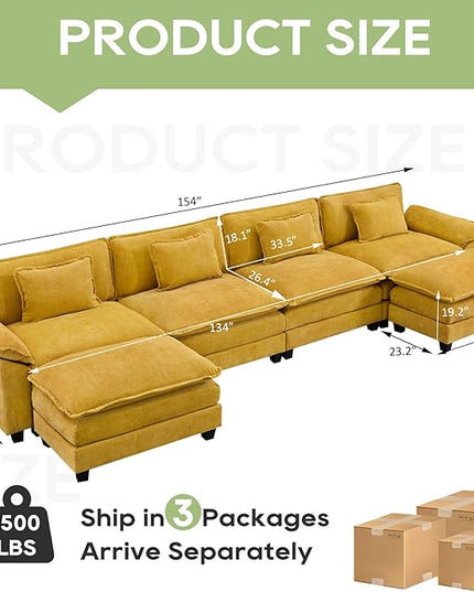 154" Modular Sectional Sofa, Comfy Cloud Couch Sectional Sofa with Ottoman, Chenille Sofa Sleeper Deep Seat Sofa with Throw Pillows for Living Room (Yellow, 154"- U Shape)