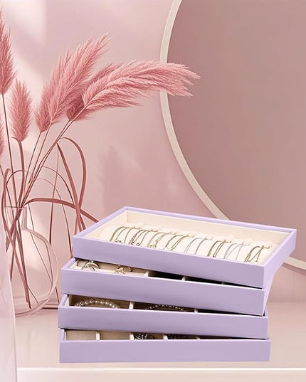 LANDICI Stackable Jewelry Organizer Trays 4 Set,PU Leather Jewelry Organizer Drawer,Jewelry Storage Display Tray for Earring Necklace Rings Bracelet with Removable Dividers,Lavender