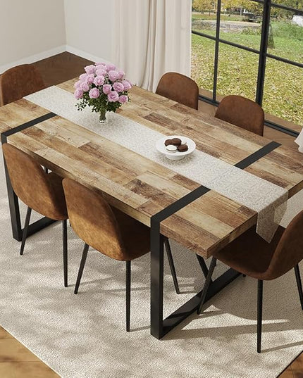 FURNITO Wood Dining Table Set for 6, 71" Large Rectangular Kitchen & Dining Room Table with 6 Suede Upholstered Chairs, Modern Farmhouse Dining Set for Home, Living Room, Office, or Conference Room