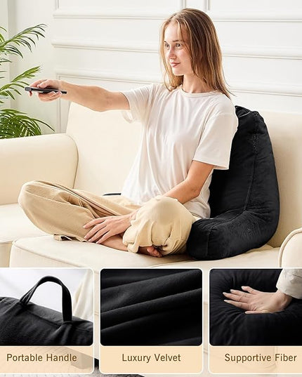Sasttie Reading Pillow, Velvet Back Pillow for Bed Sitting Up, Adult Back-Rest Support Cushion with Arms for Sit Up on Couch, Sofa, and Floor, Dorm Essentials, Reading Accessories, Black