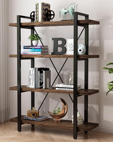 4 Tier Bookshelf Solid Wood Bookcase and Book Shelves Wood and Metal Shelving Rustic Open Bookshelf Office,Distressed Brown (AY-02-4Tier)