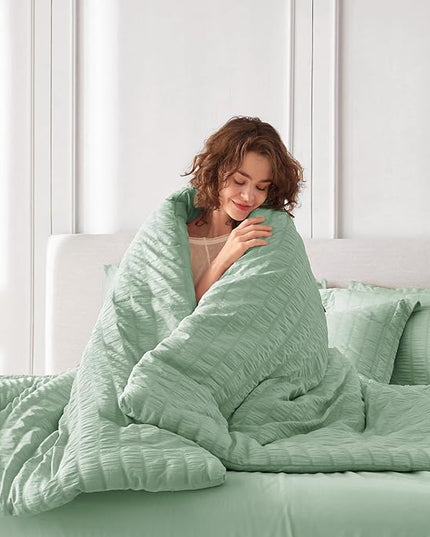 MUXHOMO 5 Pieces Twin Comforter Set, Seersucker Bed in a Bag Twin Size, All Season Luxury Bedding Set with Comforter, Flat Sheet, Fitted Sheet, Pillowcase & Sham, Sage Green