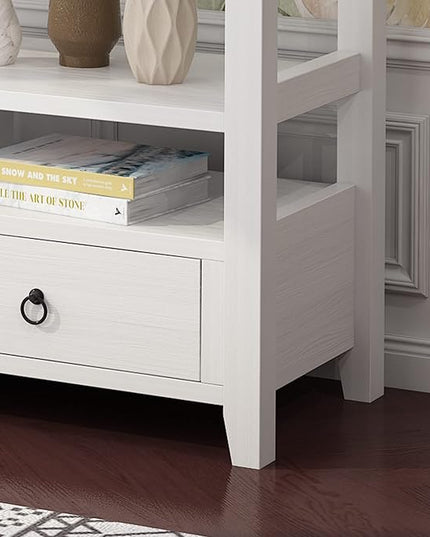 Karl home Console Table with 3 Bottom Drawers, 57.9" W Sofa Side Table Entryway Desk with 3 Storage Cubbies 1 Open Shelf, Vintage TV Stand for Hallway Living Room Office, White 29.9" H