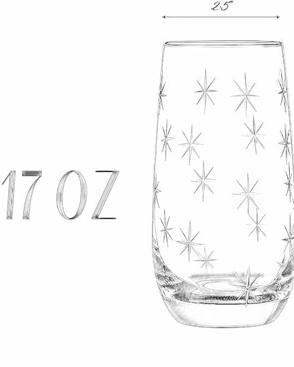 SHOSHIN Hand-Cut Highball Glasses – 17 oz Set of 4, Premium Lead-Free Crystal Drinking Glasses with Star Pattern, Ideal for Water, Collins Cocktails, and More, Dishwasher Safe