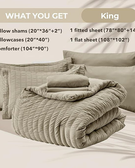 HYMOKEGE Linen King Size Comforter Set Seersucker 7 Pieces, All Season Luxury Bed in a Bag for Bedroom, Bedding Set with Comforter, Sheets, Pillowcases & Shams